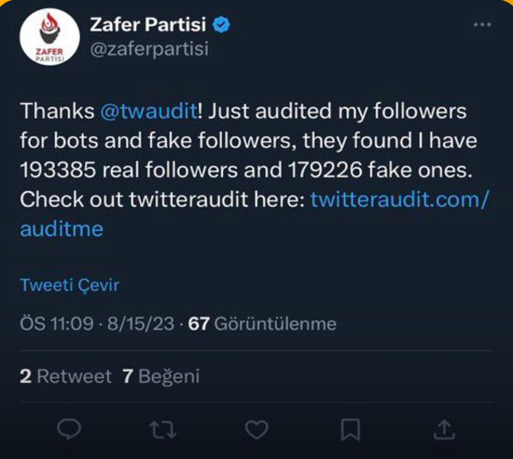 منشور يظهر استخدام حزب الظفر تطبيقا خاصا بالمتابعين الوهميين